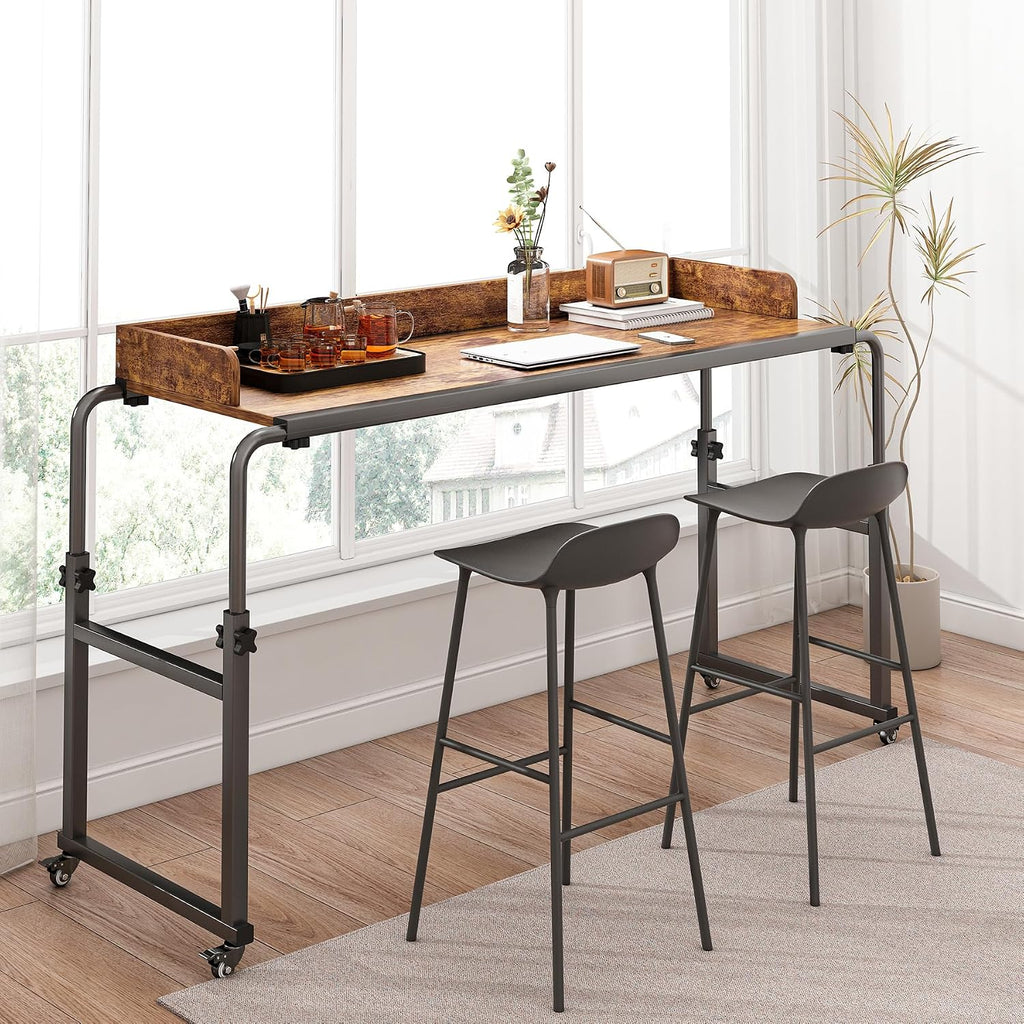 LINGMI Kids and Adult Desk, Overbed Table with Wheels, Bed Desk Recliner Table Adjustable Height Laptop Table, Queen King Size Over The Bed Table with Metal Leg(Rustic Brown)