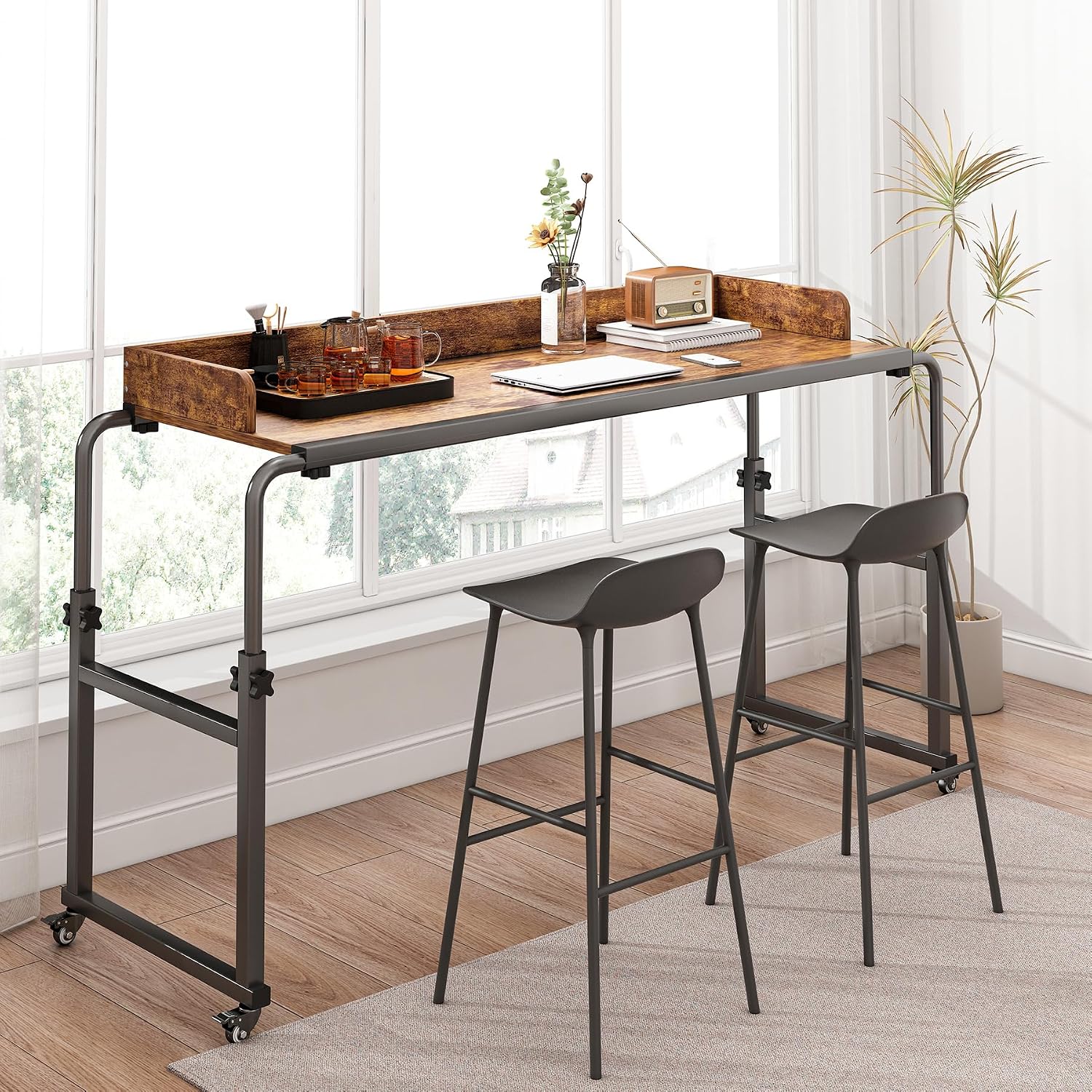 LINGMI Kids and Adult Desk, Overbed Table with Wheels, Bed Desk Recliner Table Adjustable Height Laptop Table, Queen King Size Over The Bed Table with Metal Leg(Rustic Brown)
