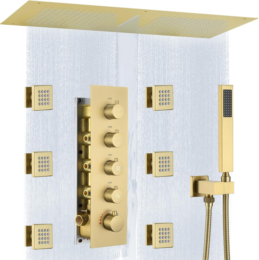 Luxury Dual-Zone Rain & Waterfall Shower Head for 2-Person, Brushed Gold Thermostatic Shower System with 32-Inch Flush Mount Shower, Full body Shower Faucet Set with Handheld Sprayer & 6 Jets