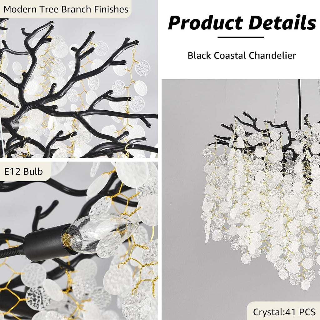 Capiz Shell Chandelier 18-Inch, Black Crystal Tree Branch Chandelier, 6-Light Coastal Light Fixture, Contemporary Entryway Chandeliers, for Dining Room Bedroom Foyer Bathroom