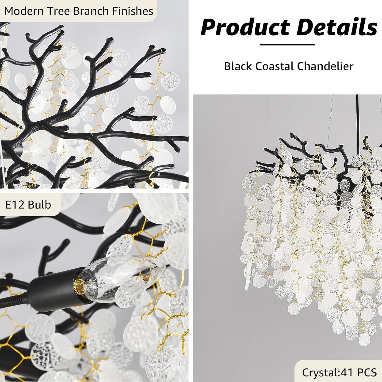 Capiz Shell Chandelier 18-Inch, Black Crystal Tree Branch Chandelier, 6-Light Coastal Light Fixture, Contemporary Entryway Chandeliers, for Dining Room Bedroom Foyer Bathroom