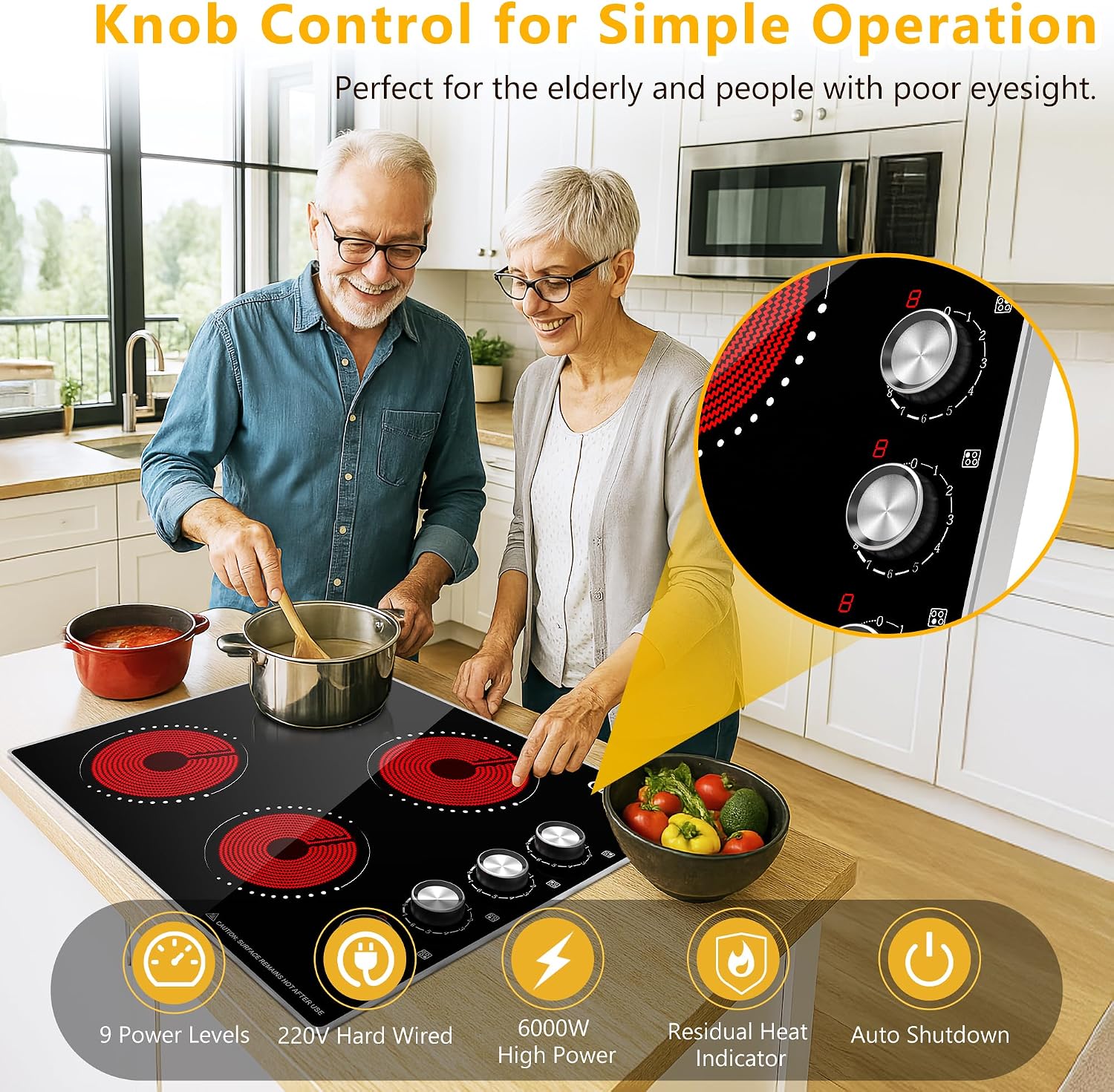 24 Inch Electric Cooktop, 4 Burner Ceramic Stove with 9 Power Levels, Knob Control, Auto shutdown and Residual Heat Warning, 6000W, 220-240V for Hard Wire