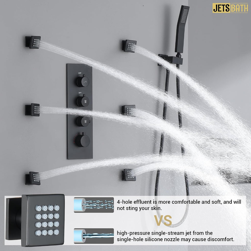 16' Thermostatic Rain Shower System with 6 Body Jets & 16-Inch Rainfall Shower Head, JetsBath Full Body Shower Faucet Sets with Valve & Handheld, Matte Black Luxury Wall Mount Shower Faucet Set