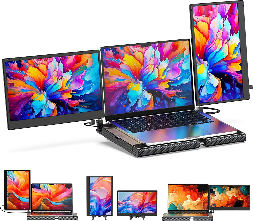 SMISEACOW Laptop Screen Extender F3, Triple Portable Monitor 14-inch 360 Degrees Rotation with Stand, IPS FHD 1080P Workstation for Windows/Mac/Linux/Chrome Compatible with Notebook/Mini PC