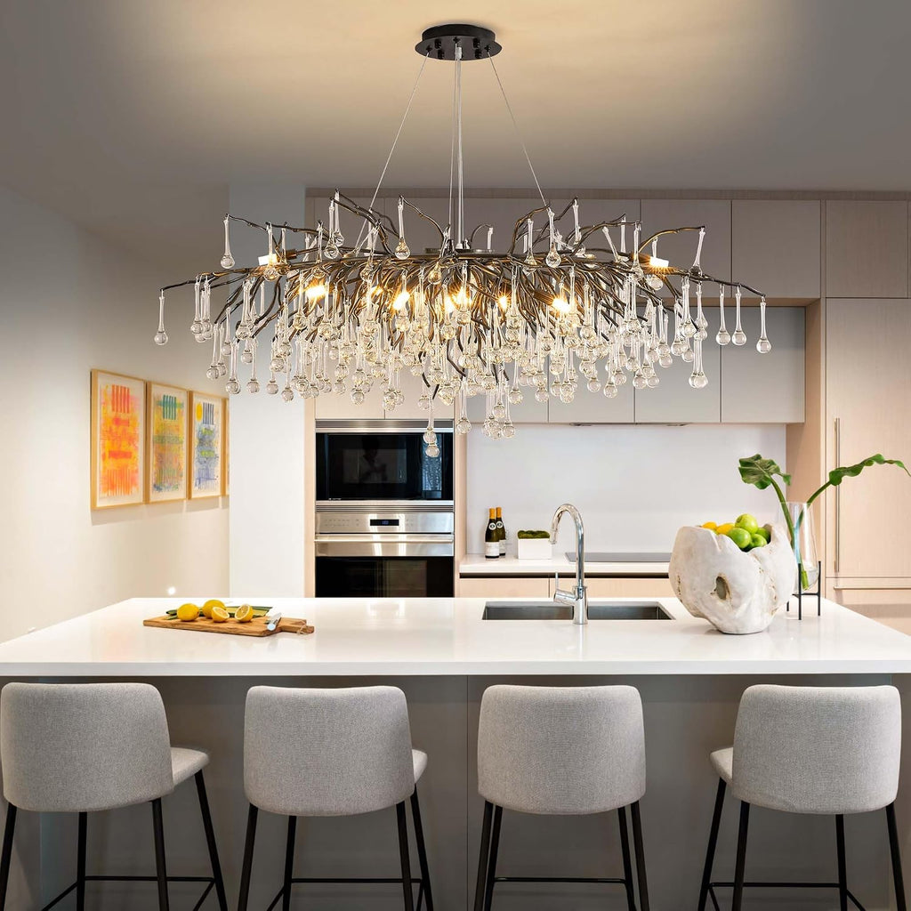Modern Crystal Raindrop Chandelier, L40'' Black Linear Rectangle Art Deco Tree Branch Lighting Fixture for Kitchen Island Living Room Foyer Staircase 10 Lights
