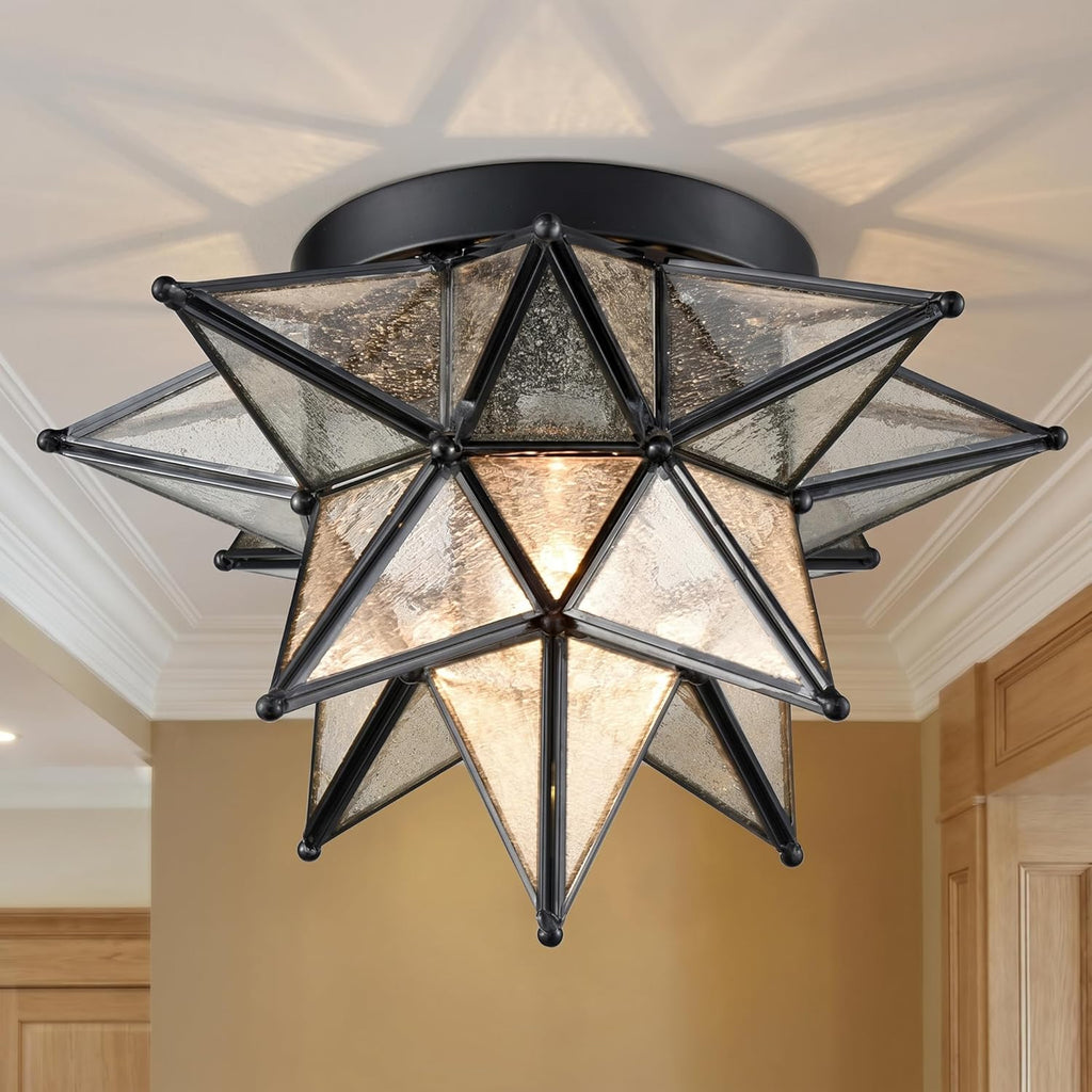 DAYCENT Black Moravian Star Flush Mount Light with Seeded Glass Shade 12.8-Inch Moroccan Star Glass Ceiling Light Fixtures for Bedroom Kitchen Hallway Foyer