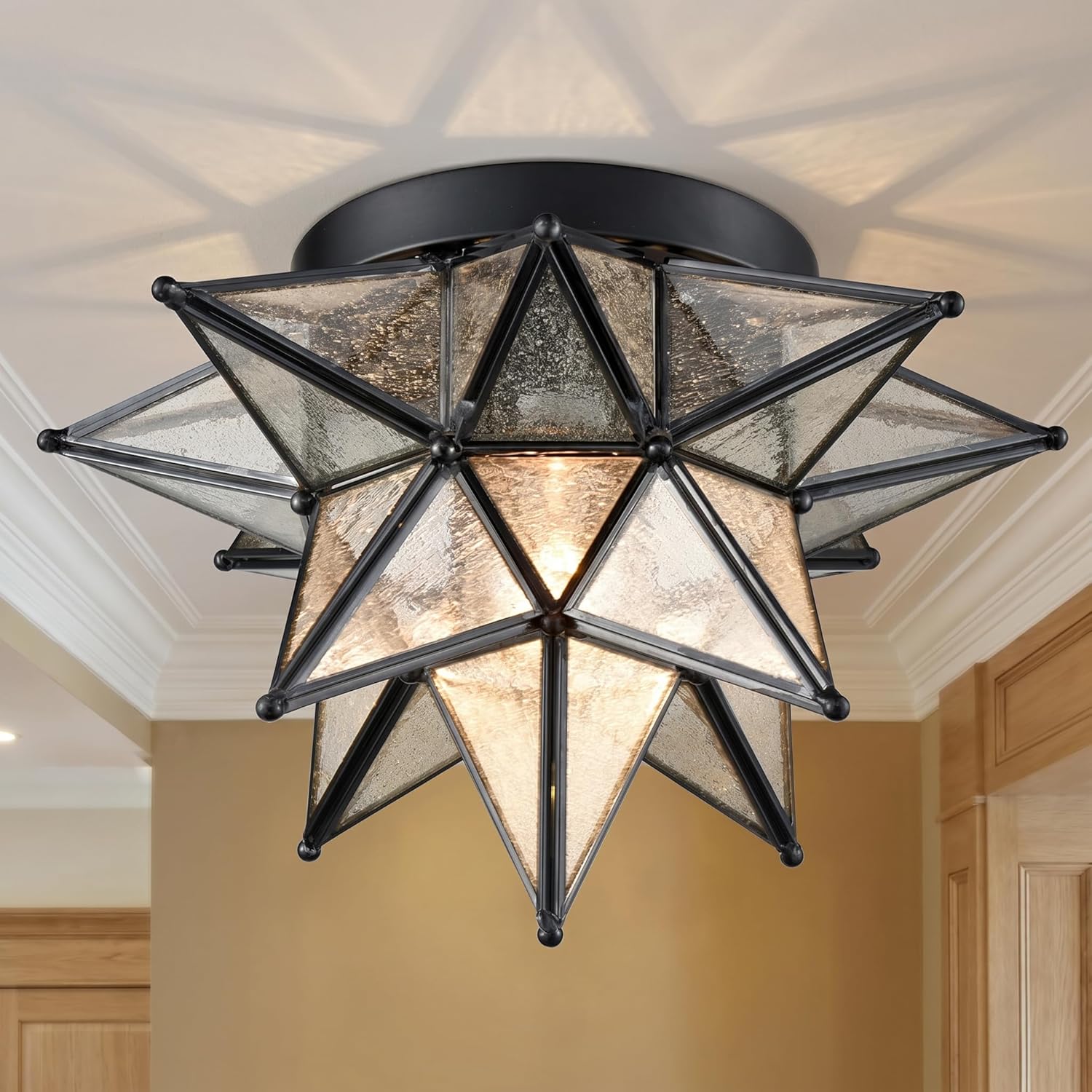 DAYCENT Black Moravian Star Flush Mount Light with Seeded Glass Shade 12.8-Inch Moroccan Star Glass Ceiling Light Fixtures for Bedroom Kitchen Hallway Foyer