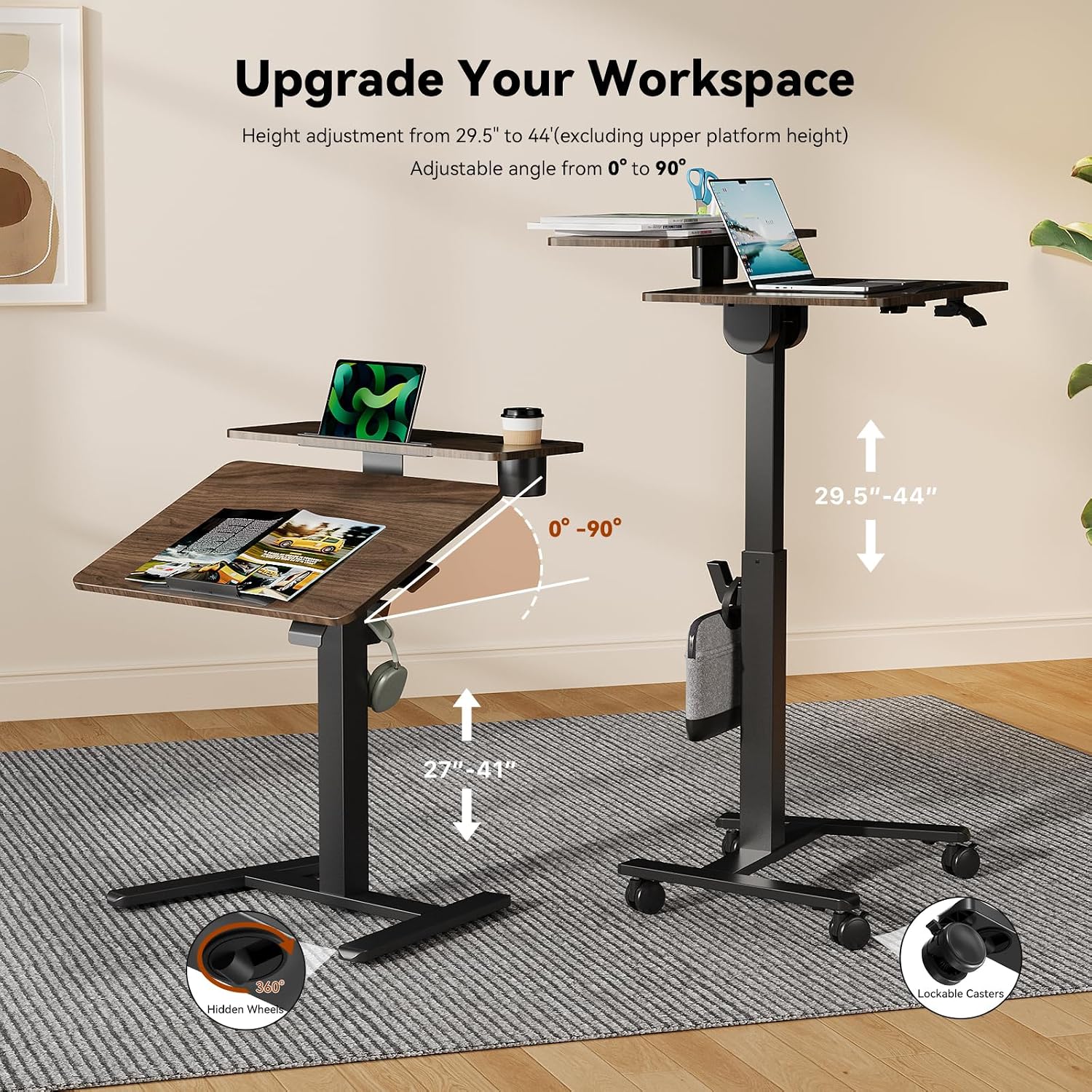 28 inch Mobile Standing Desk On Wheels， Small Computer Workstation Adjustable Height，Rolling Laptop Stand with Tiltable Desktop， 2-Tier Portable Study Table with Storage Shelf， Walnut