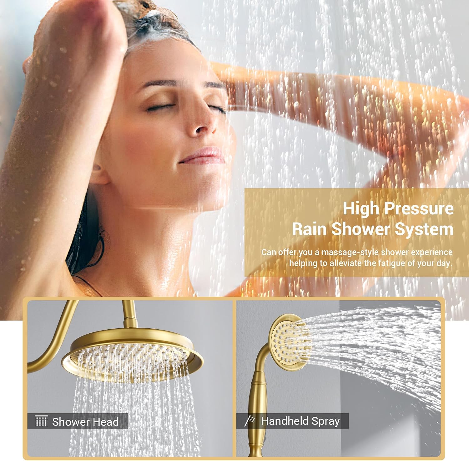 DASAN Brushed Gold Rain Shower System Complete Antique Shower Faucet Sets, Brushed Gold Shower Fixtures Combo with Pressure Balance Valve, Trim Kit, 9'' Rainfall Overhead Shower & Handheld, AT209W-BTG