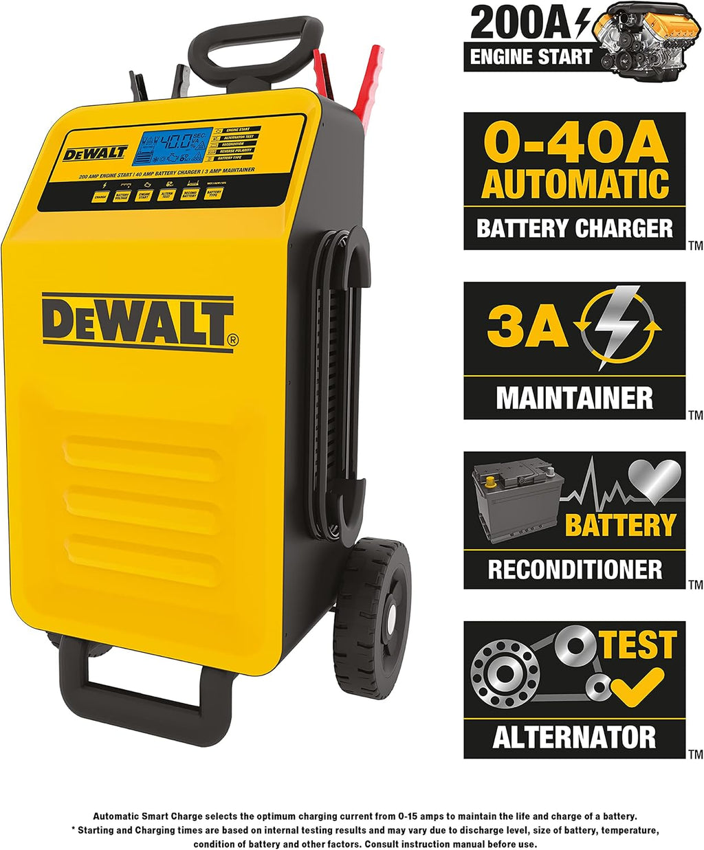 DeWalt DXAEC200 Professional Rolling 40 Amp Battery Charger, 3 Amp Maintainer with 200 Amp Engine Start