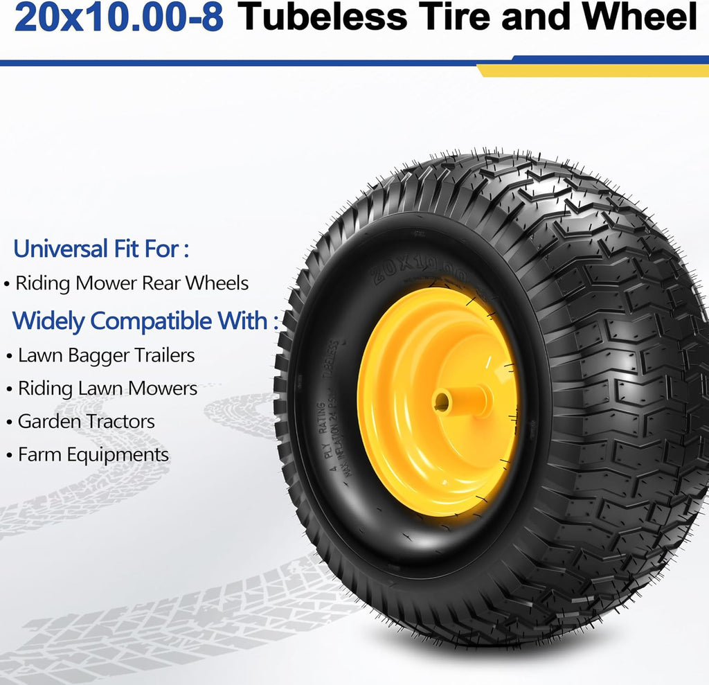 2 Pcs 20x10.00-8 Tubeless Lawn Mower Tire and Wheel, 20x10-8 Air-Filled Rear Tire and Rim Assembly for Riding Mowers, Lawn Tractors, Garden Tractors, 3/4' Bore, 3/16' Keyway, 3.5' Offset Hub, 4 Ply