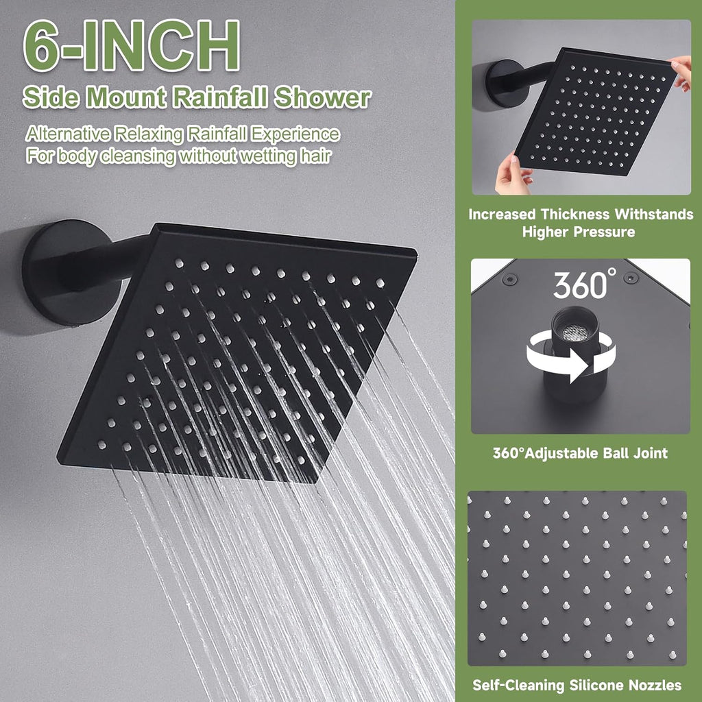 Shower System Matte Black Dual Shower Head with Body Jets, Oupukle Four Modes Shower Faucet Set Wall Mounted 12' & 6' Rain Shower Head with 6PCS Body Jets