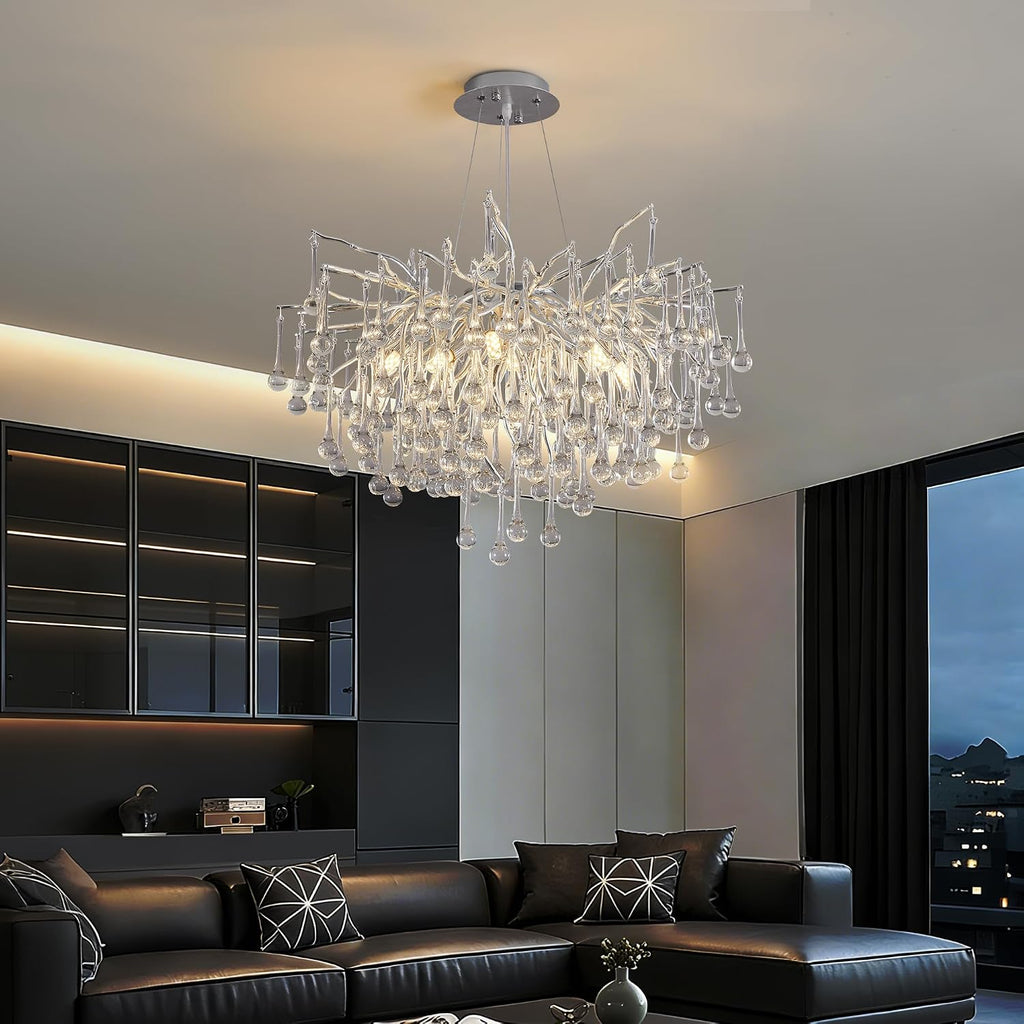 Modern Crystal Raindrop Chandelier, Silver Round Art Deco Tree Branch Lighting Fixture for Dining Room Living Room Foyer 13 Lights D31.5''