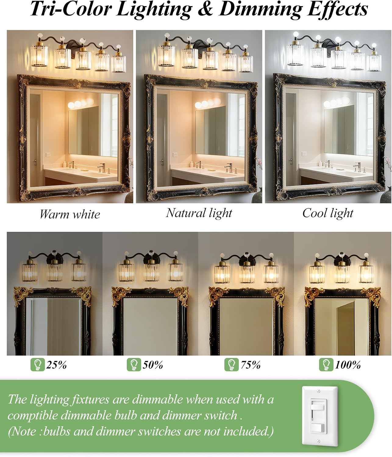 5 Light Vanity Light, Modern Black and Gold Crystal Bathroom Vanity Lighting Fixtures, Bath Wall Mount Lights with Clear Crystal Glass Shade, Wall Sconce Light for Mirror Bedroom Living Room, E26 Base