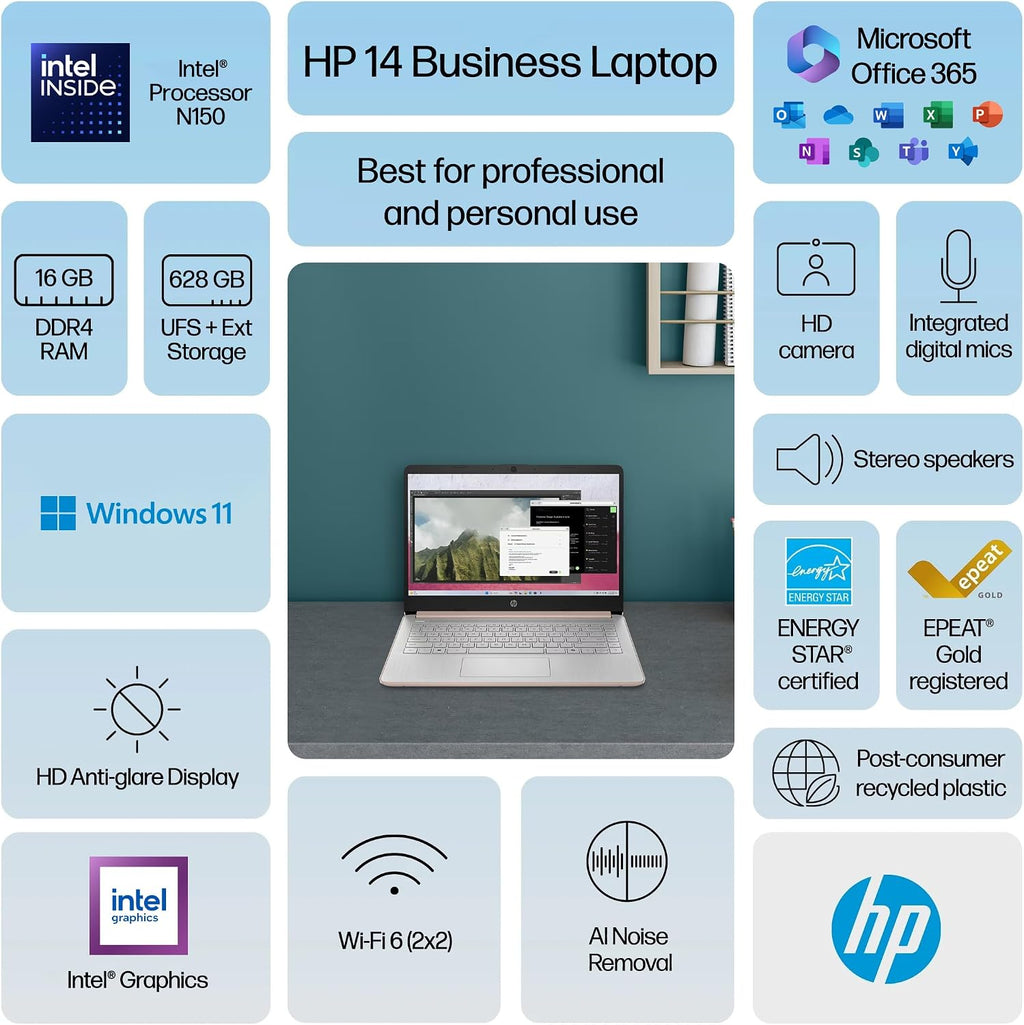 HP 14 Laptop Student Business 2025 Flagship, AI Copilot, 4-Core 13th Gen Intel CPU, 16GB RAM 628GB Storage (128GB UFS+ 500GB Ext), 1-Yr Office 365, Long Battery HubxcelAccessory Win 11S Rose Gold