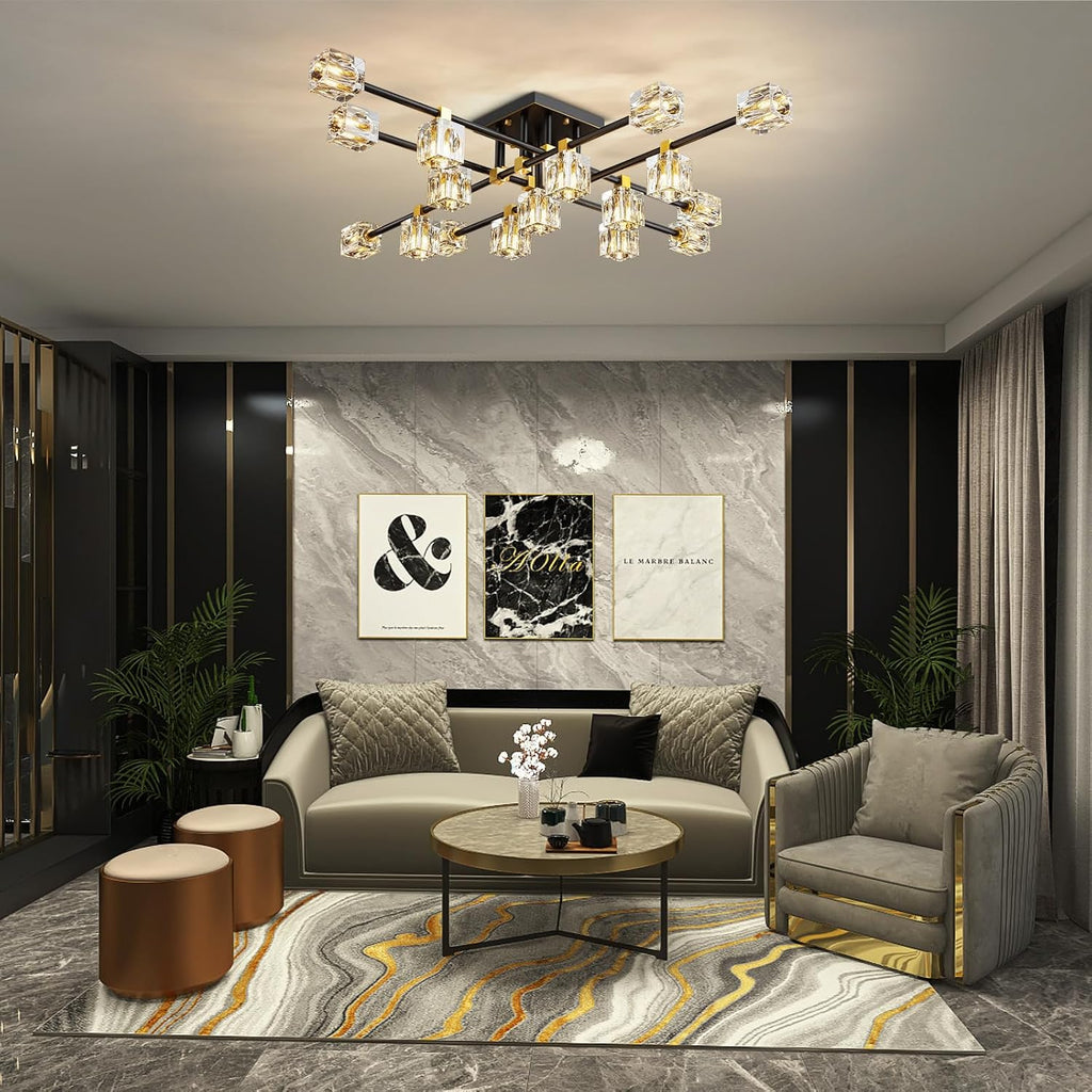 Crystal Sputnik Ceiling Light Fixture，Modern Luxury Black and Gold Chandeliers with 17-Light，Semi Flush Mount Ceiling Light Fixture for Dining Room,Living Room,Kitchen Island,Bedroom.