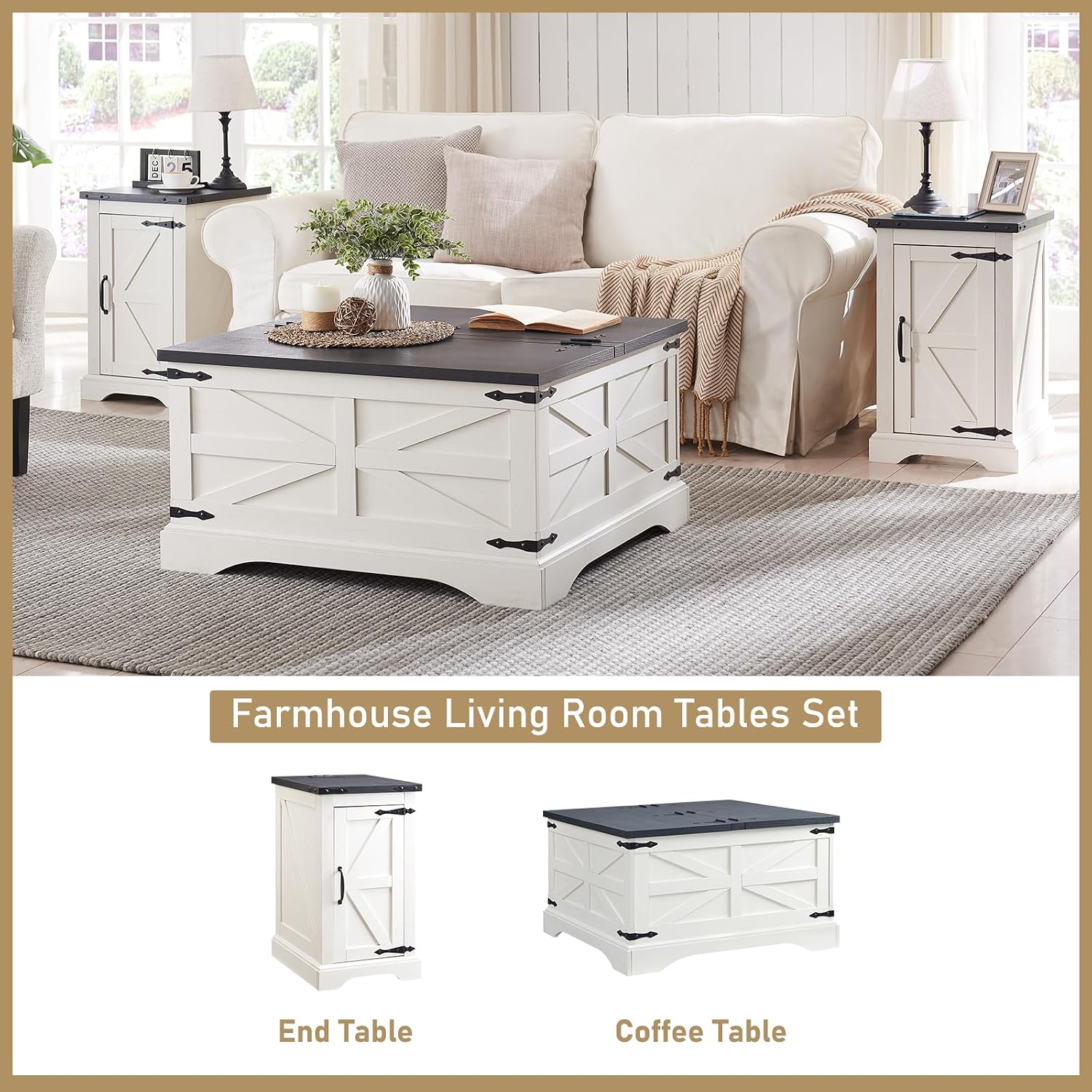 JXQTLINGMU Farmhouse Nightstand Set of 2 with Charging Station, 17' D Rectangular End Table with Barn Door & Adjustable Storage Shelf, Wood Rustic Sofa Side Table for Living Room, Bedroom, White