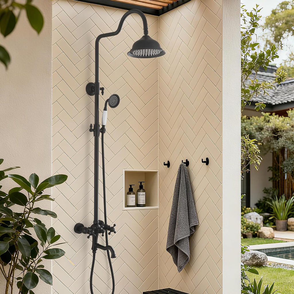 Exposed Shower System Matte Black,Antique Outdoor Shower Faucet with 8 Inches Rainfall Shower Head,Vintage Outdoor Shower Fixture with Foldable Tub Spout,Outdoor Shower Kit for Backyard Poolside