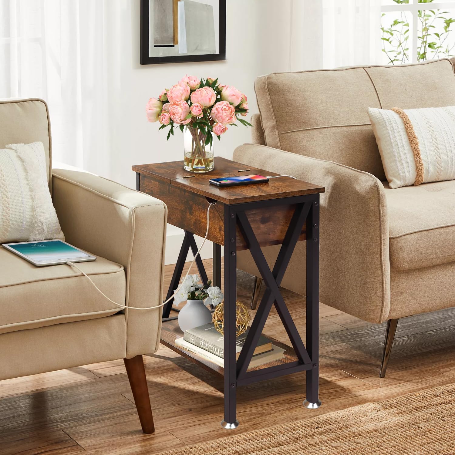 TooCust End Tables Living Room Set of 2, Narrow Side Table with Charging Station, 12' D x 24' W x 24' H, Flip Top End Table with USB Ports and Outlets, Couch End Tables Set of 2, Steel X-Shaped Frame