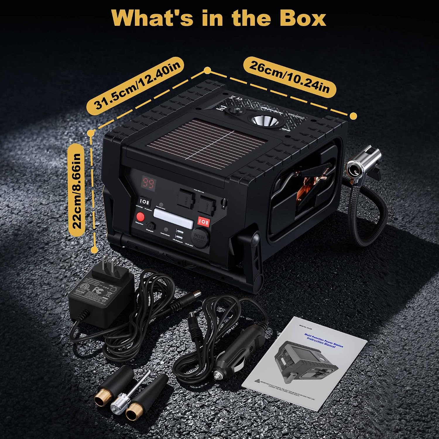 2000A Car Battery Jump Starter with Air Compressor 12V Battery Jumper Box Car Start Booster Up to 10L Gas/8L Diesel Engines with 400W AC Inverter, LED Light