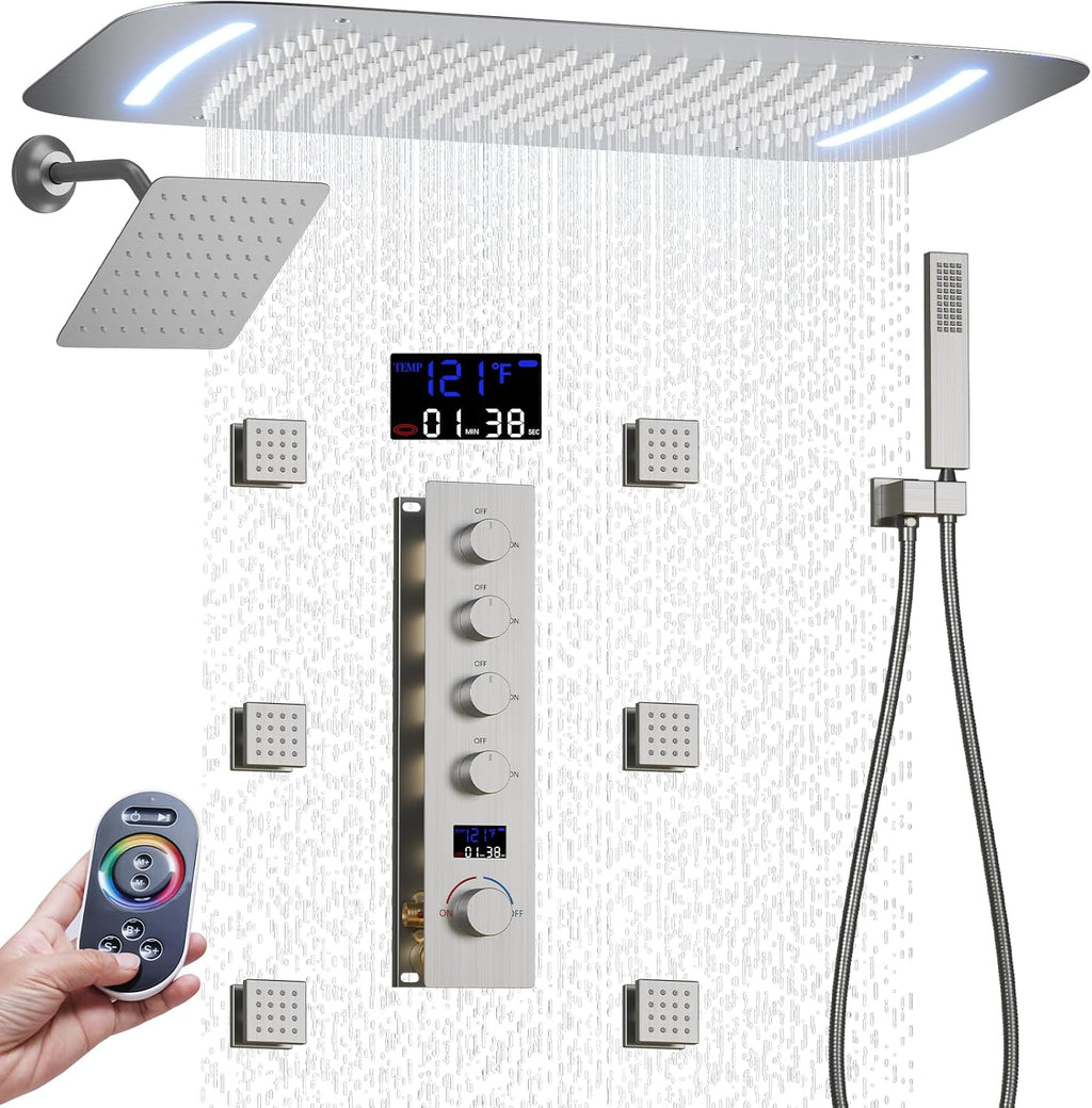 AYIVG Brushed Nickel 4 Function Dual Rainfall Shower Head System Multi Functions Thermostatic Full Body Shower System 16 X 26 Inch And 8 inch Rainfall Ceiling Shower Head Faucet Set