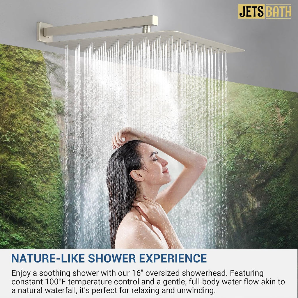 16' Thermostatic Rain Shower System with 6 Body Jets & 16-Inch Rainfall Shower Head, JetsBath Full Body Shower Faucet Sets with Valve & Handheld, Brushed Nickel Luxury Wall Mount Shower Faucet Set