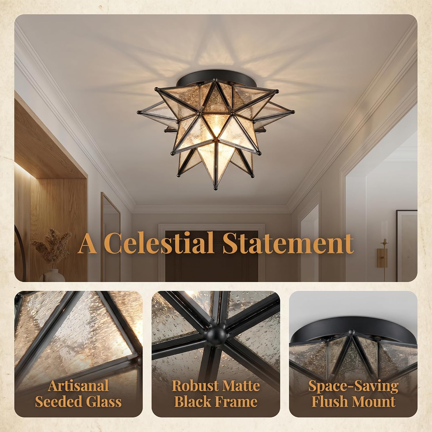 DAYCENT Black Moravian Star Flush Mount Light with Seeded Glass Shade 12.8-Inch Moroccan Star Glass Ceiling Light Fixtures for Bedroom Kitchen Hallway Foyer