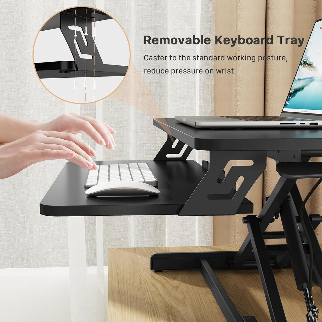 JOY worker Standing Desk Converter, 32' Wide Height Adjustable Sit Stand Up Desk Riser with Keyboard Tray, Desktop Workstation Riser for Home Office Computer Laptop, Particle Board, Black