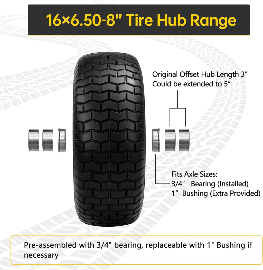 2Pcs 16×6.50-8 Tire and Wheel with 1 Inch Axle, Flat Free 16x6.5-8 Lawn Mower Tire, with 3/4' Bearing & 1' Bushing, 3-5' Offset Hub, for Lawn&Garden Riding Tractors Front Assembly Replacement, 550lbs