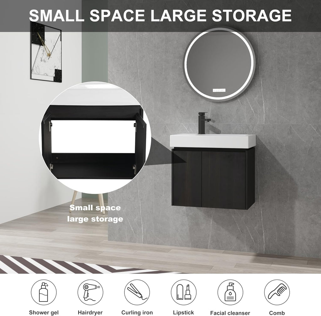 24 Inch Floating Bathroom Vanity,Bathroom Vanity with Sink,Small Bathroom Sink Cabinet with Ceramic Basin,Solid Wood Frame,Black Floating Vanity Bathroom,Wall Mounted Modern Vanity