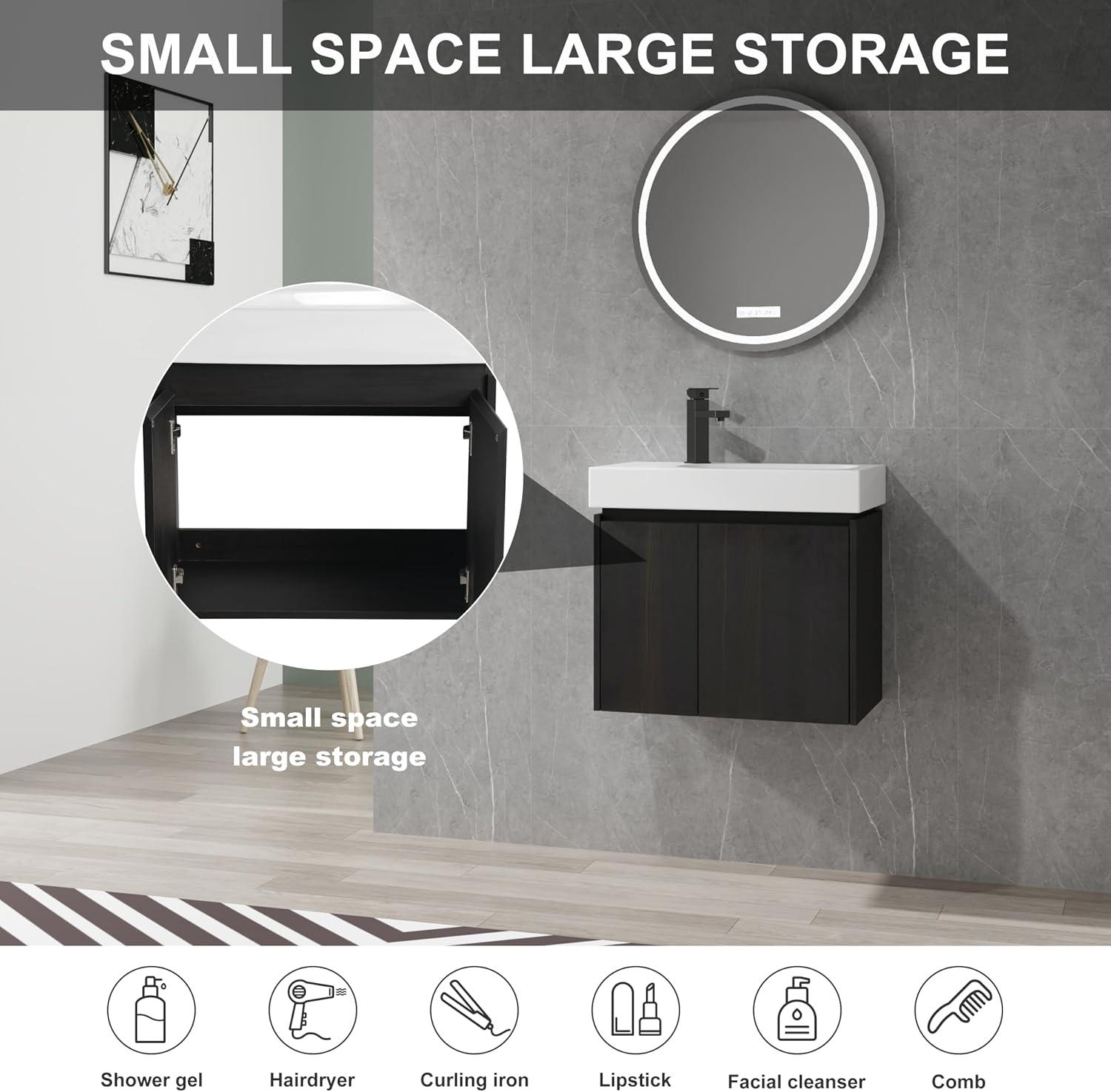 24 Inch Floating Bathroom Vanity,Bathroom Vanity with Sink,Small Bathroom Sink Cabinet with Ceramic Basin,Solid Wood Frame,Black Floating Vanity Bathroom,Wall Mounted Modern Vanity
