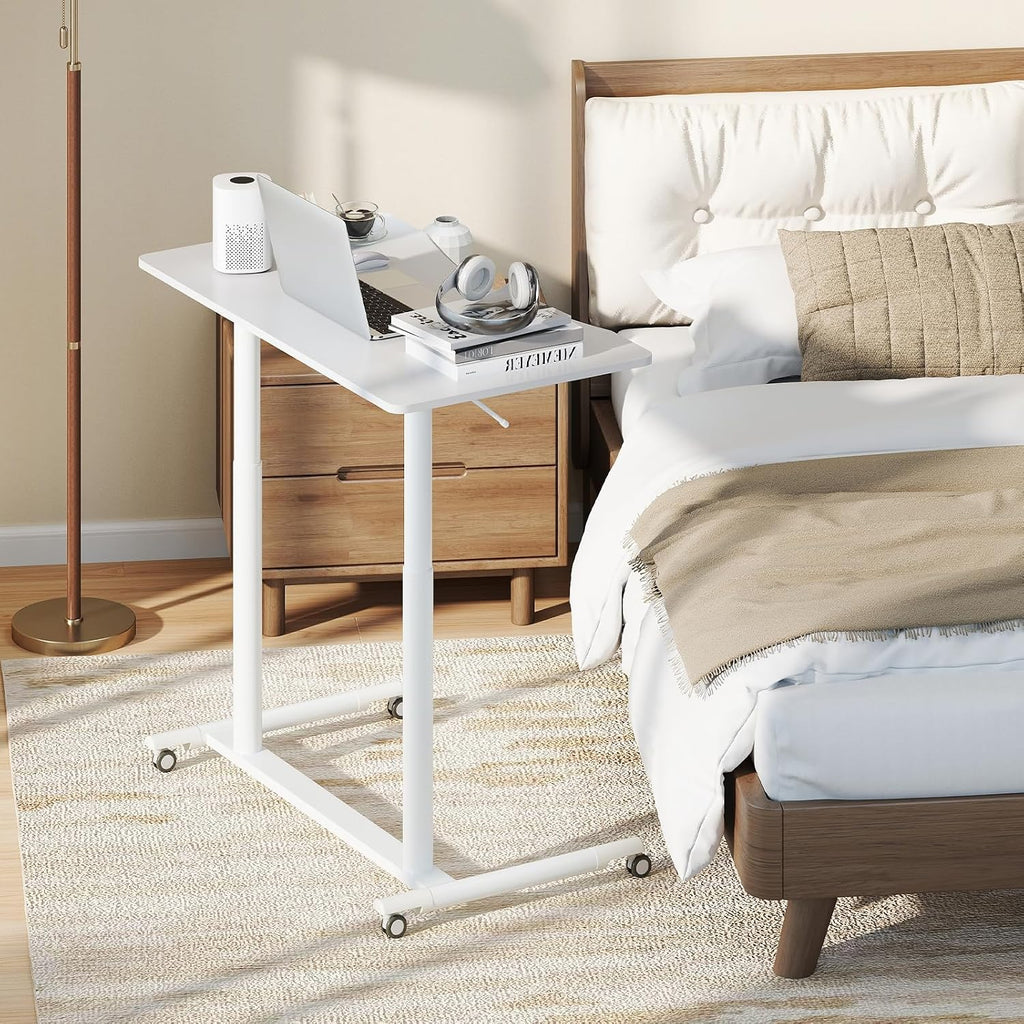 Tangkula Mobile Standing Desk, C-Shaped Sit Stand Desk with Adjustable Height, Lockable Wheels & Metal Frame, Rolling Laptop Desk, Portable Computer Workstation for Small Space