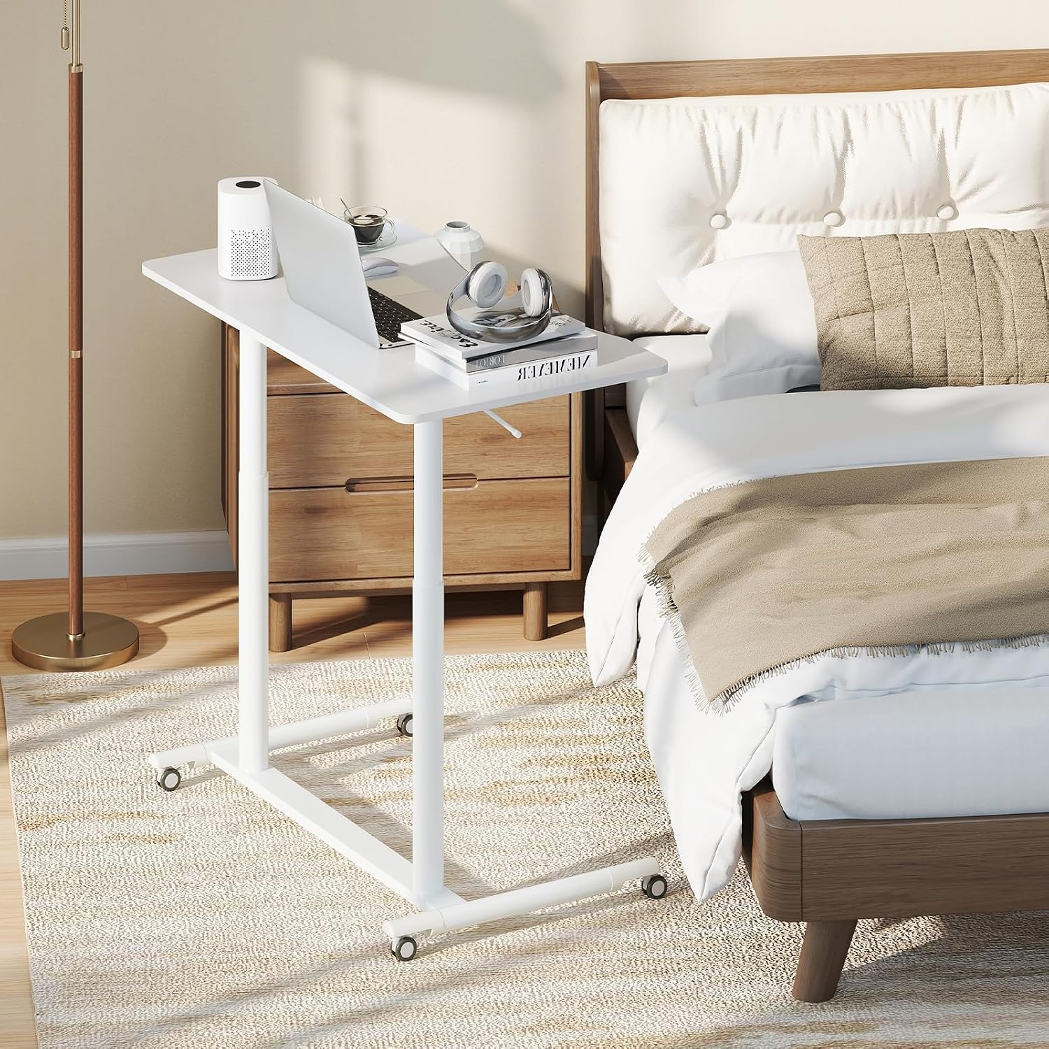 Tangkula Mobile Standing Desk, C-Shaped Sit Stand Desk with Adjustable Height, Lockable Wheels & Metal Frame, Rolling Laptop Desk, Portable Computer Workstation for Small Space