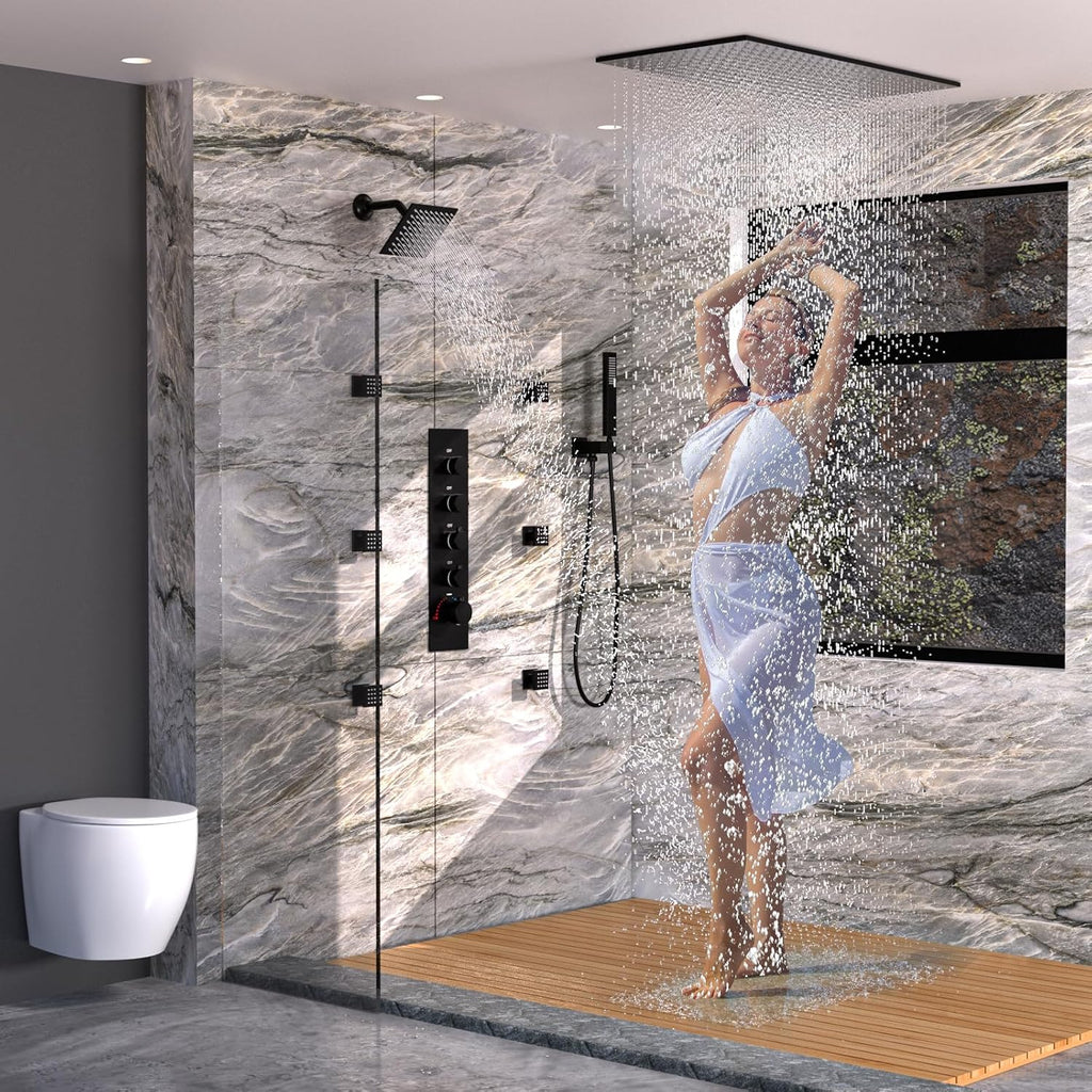 HOMEDEC 15.7x31.5' Ceiling Mounted Rainfall and 6' Wall Mounted Shower Heads with 6 Body Jets, Dual Shower Head System Rain Shower Faucet Set, Black
