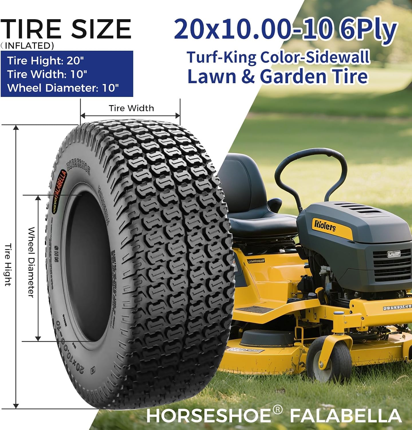 HORSESHOE FALABELLA 2 NEW 20x10.00-10 / 20x10-10 6PR T198 TURF-KING LAWN MOWER TIRES 20100010 LRC Heavy Duty Color-Sidewall (20x10.00-10 6Ply)