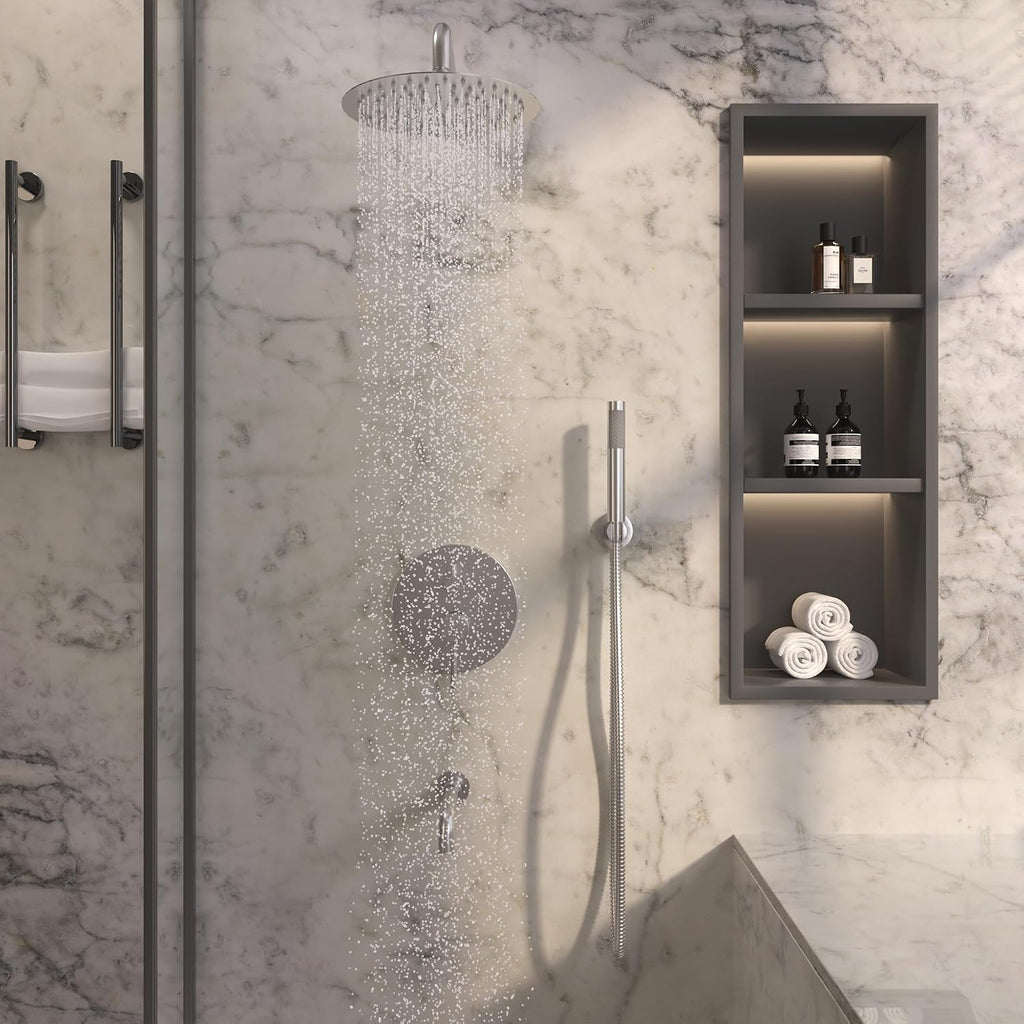 MONDAWE Round Shower Faucet Set with Tub Spout, Wall Mounted Shower System 10 Inch Rainfall Shower Head with Handheld Combo, Brushed Nickle High Pressure Shower Faucets Sets Complete