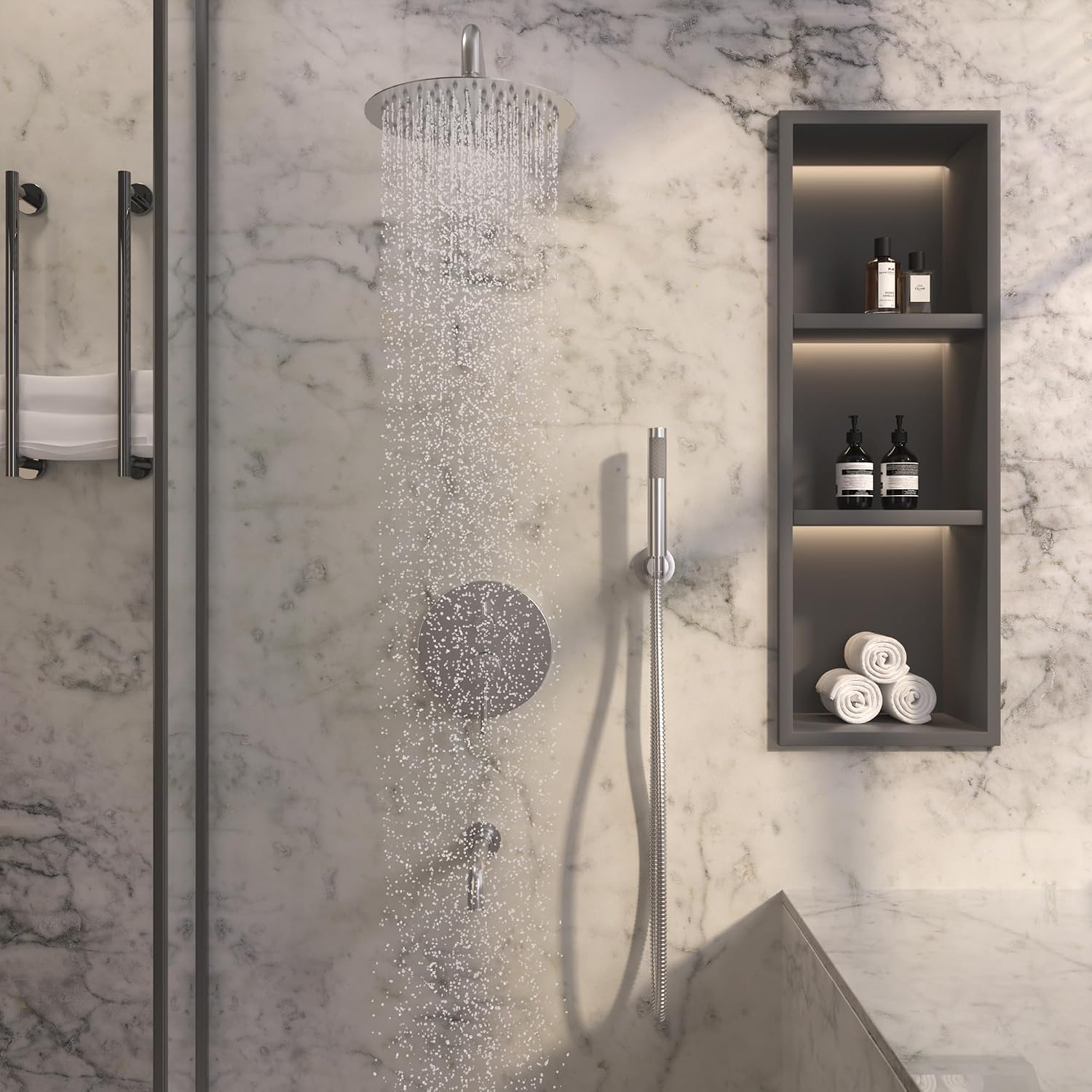 MONDAWE Round Shower Faucet Set with Tub Spout, Wall Mounted Shower System 10 Inch Rainfall Shower Head with Handheld Combo, Brushed Nickle High Pressure Shower Faucets Sets Complete