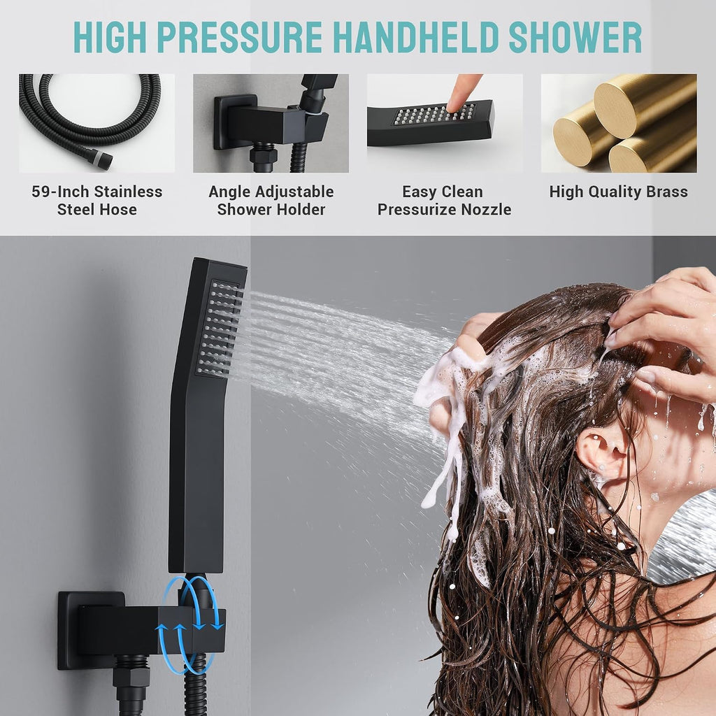 Thermostatic Shower System with 6 Body Jets & 16-Inch Ceiling Rainfall Shower Head Bathroom Luxury Matte Black Shower Faucet Set with High Pressure Handheld Sprayer, with Valve and Trim