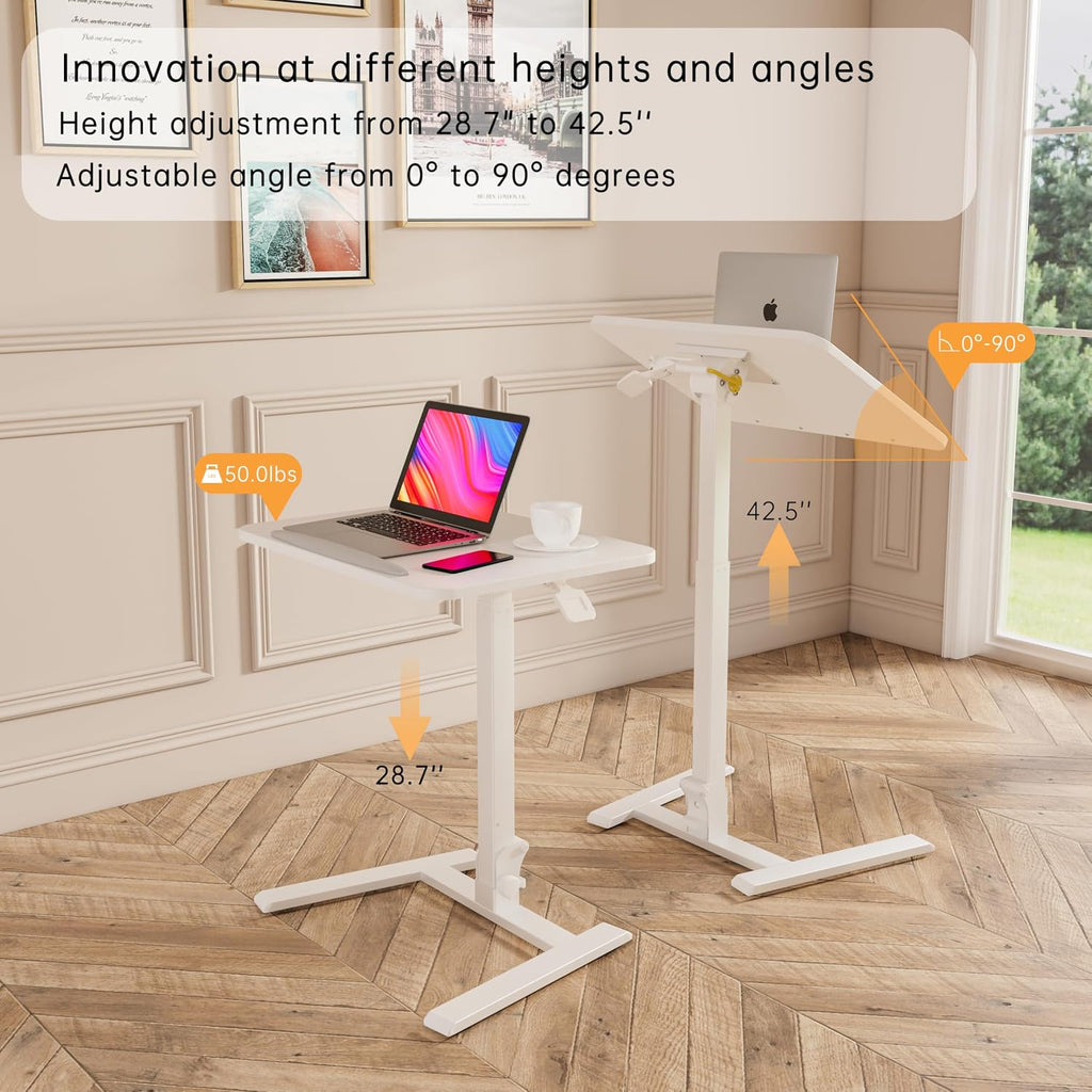 alawooder 25 Inch Mobile Folding Desk - No Assembly, Pneumatic Sit-Stand, 29-42' Height Adjustable Rolling Laptop Desk with Hidden Wheels, 0-90° Tilt Top for Home Office, Craft & Study