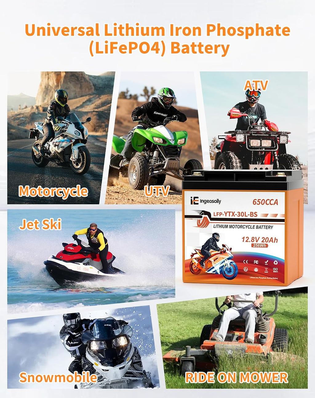 Lithium YTX30L-BS, 12V 20AH LiFePO4 Motorcycle Battery, 650CCA Powersports Battery for ATV, UTV, Jet Ski, 4 Wheeler,Snowmobile,Tractor,Generator and Riding Lawn Mower Battery