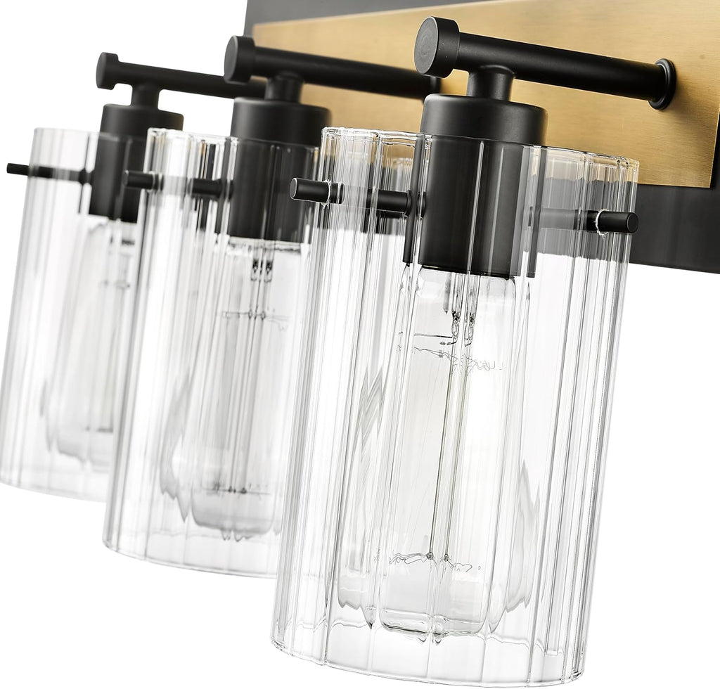 ML Lighting | Gasol Collection | 25003-MB/VB | 3 Light Vanity in Matte Black - Vintage Brass with Clear Ribbed Glass Shade | Versatile Design That adds High-End Texture and Elegance to Your Bathroom