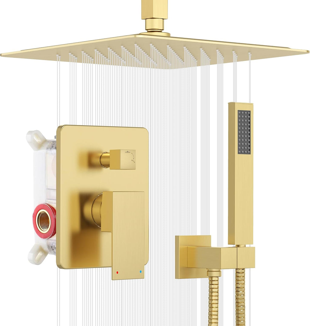 ESNBIA Shower Head System Gold, All Metal Ceiling Shower Faucet Set with Pressure Balance Valve Kit, 10 Inches Rain Head with Handheld Spray, Brushed Gold