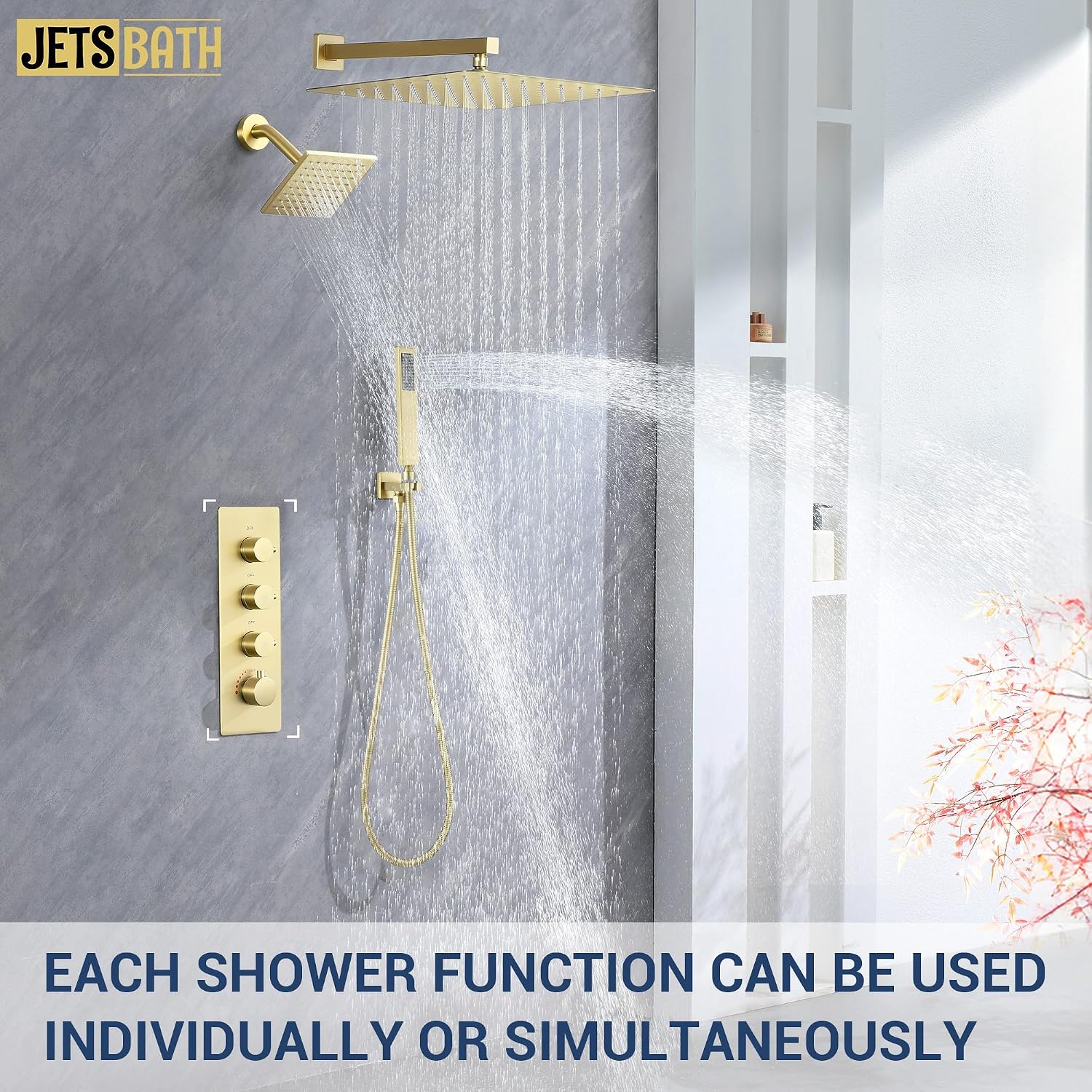 16' Thermostatic Dual Rainfall Head Shower System with Handheld & Valve, 16-Inch Shower Faucet Set with 6-Inch Shower Head, JetsBath Brushed Gold Full Body Shower System for Couples/2-Person