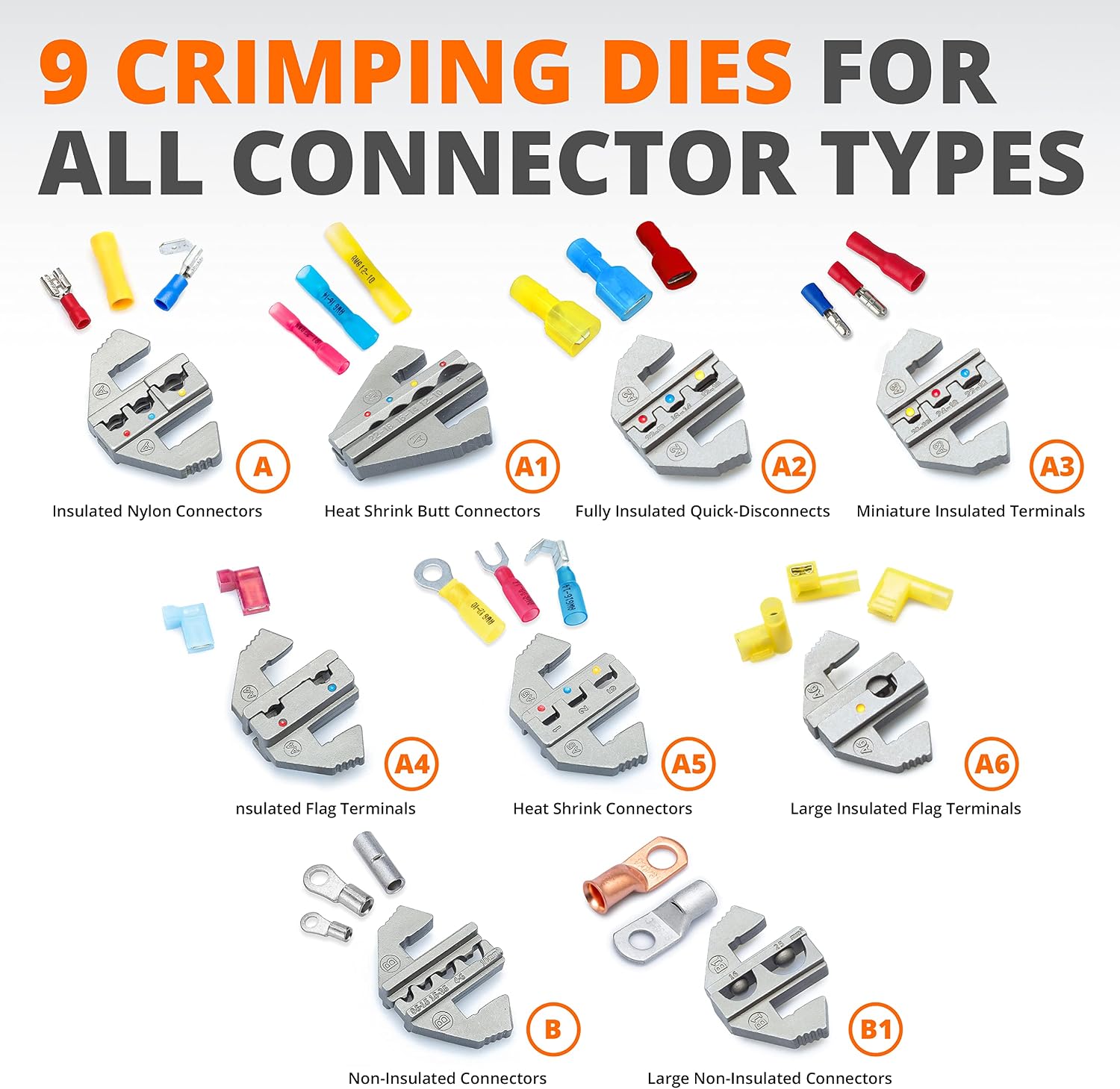 Wirefy Crimping Tool Set 11 PCS - High Leverage Wire Crimper 9' - Heat Shrink, Nylon, Insulated Flag, Non-Insulated Connectors