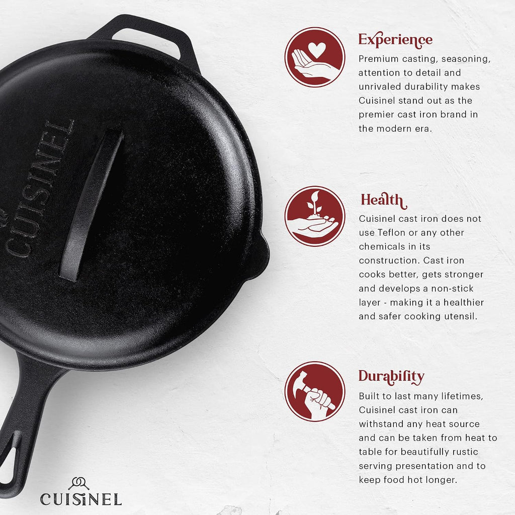 Cuisinel 12' + 10' + 8'-Inch Cast Iron Skillets Set with Braiser Lids + Silicone Handle Grips + Pan Scraper - Indoor/Outdoor Pre-Seasoned Kitchen Cookware - Oven, Fire, Stove Safe