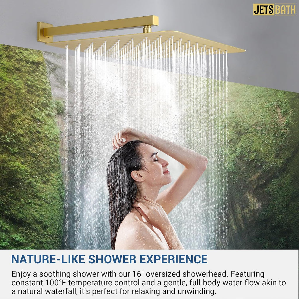 16' Thermostatic Rain Shower System with 6 Body Jets & 16-Inch Rainfall Shower Head, JetsBath Full Body Shower Faucet Sets with Valve & Handheld, Brushed Gold Luxury Wall Mount Shower Faucet Set