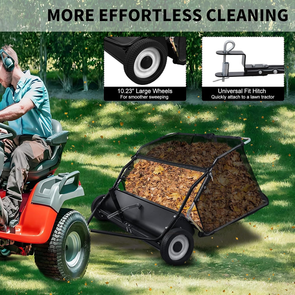 44 Inch Tow Behind Lawn Sweeper - Heavy Duty Adjustable Height Pull Behind Lawn Sweeper, 25Cu Ft Large Capacity Leaf & Grass Collector Hopper for Yard, Lawn, Farm Cleanup Tool