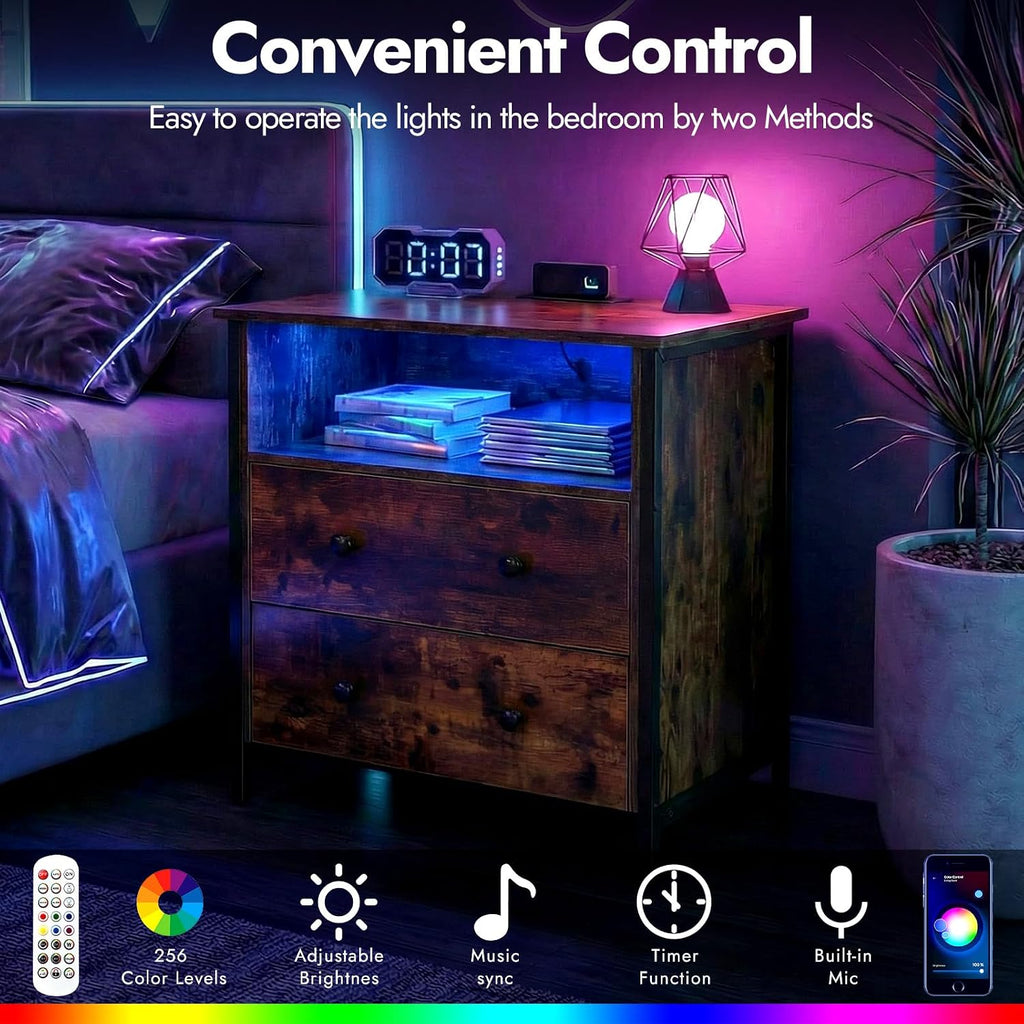 27 Inch Wide Night Stand, Large Wood Night Stand with 2 Drawers, LED Nightstand with Charging Station and Adjustable Drawer, Bedside Table for Living Room/Bedroom/Study/Office, Retro.