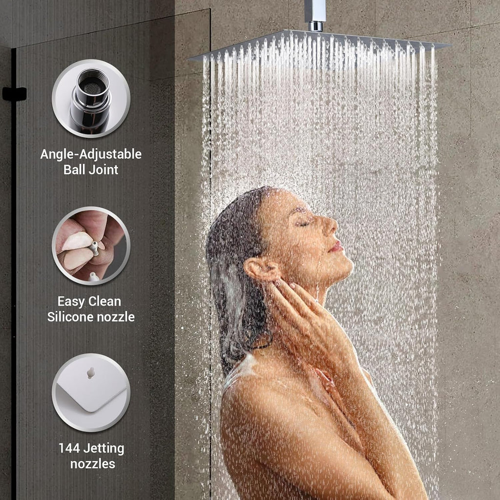 Polished Chrome Shower System with 4 PCS Shower Body Spray Jets & 12'' Ceiling Shower Head & Handheld Spray, DASAN Full Body Shower Faucet System with Jets Rainfall Shower Combo Set, SA-SS03BCH-S12C