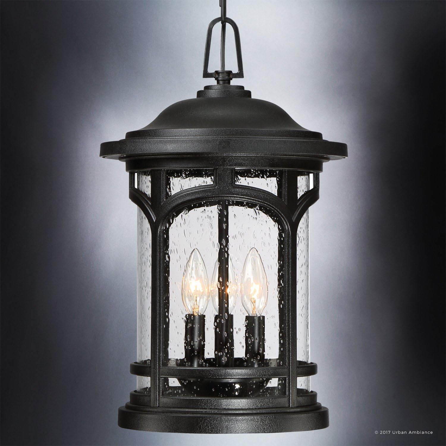 Urban Ambiance Luxury Rustic Outdoor Pendant Light, Large Size: 18' H x 11' W, with Colonial Style Elements, Wrought Iron Design, High-End Black Silk Finish and Seeded Glass, UQL1108
